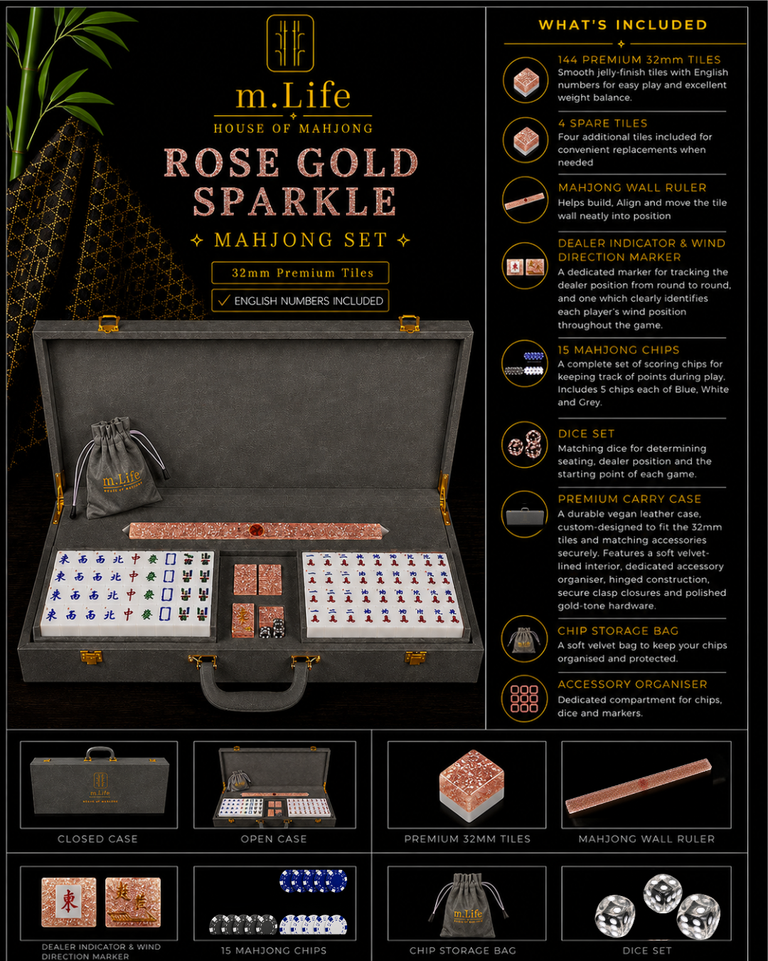 Rose Gold Sparkle Mahjong Set
